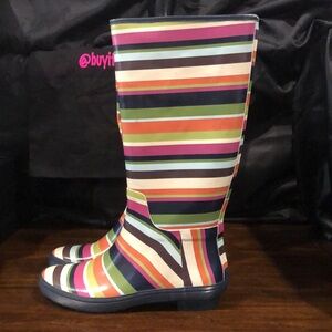 COACH Multi Striped Pull On Mid Calf Rain Boots with Low Heel and Navy Lining